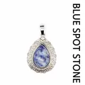 Elegant teardrop filigree pendant featuring a polished blue spot natural stone inlay - Blue Spot Jasper