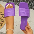 Purple square toe flat slide sandals with pleated strap for women, plus size 44. - Purple
