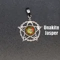 Gotische occulte pentagram ketting met natuurlijke unakiet steen en masonic symbolen - Unakiet