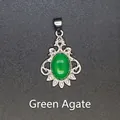 Elegant vintage silver pendant featuring a large oval green agate stone and crystals - Green Agate