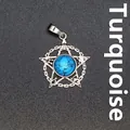 Vintage zilveren pentagram hanger met een blauwe turquoise steen en symbolen - Blauw Turkoois