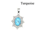 Vintage silver hollowed-out necklace with oval blue turquoise stone pendant - Blue Turquoise
