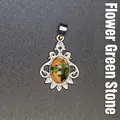 Ornate vintage silver-toned pendant with oval unakite stone and crystal accents - Unakite
