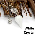 Pendentif pendule hexagonal en cristal de roche blanc naturel et fleur de vie argentée - Cristal blanc
