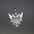 Natural heart shaped clear quartz pendant with intricate silver crown and wings - White Crystal