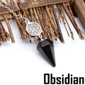 Pendentif pendule en pierre d'obsidienne noire naturelle avec motif fleur de vie - Obsidienne