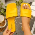 Stylish bright yellow square toe flat slides for women, summer outdoor wear in plus size - Yellow