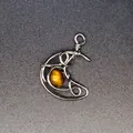 Handmade silver wire-wrapped moon pendant with a round Tiger Eye stone bead - Tiger Eye Moon / Silver