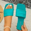 Women's stylish square toe flat slide sandals in vibrant cyan blue color finish - Lake Blue
