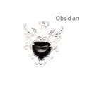 Colgante de corazón de obsidiana natural con diseño de corona y alas de plata vintage - Obsidiana