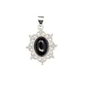 Elegant vintage style oval black agate stone pendant with silver hollow filigree lace border - Black Agate
