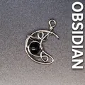 Handmade wire-wrapped crescent moon pendant featuring a natural black obsidian gemstone - Obsidian Moon / Silver