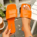 Bright orange square toe flat slides with stylish wide strap for women - Orange