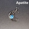 Handmade silver wire wrapped crescent moon pendant with natural blue apatite stone - Apatite Moon / Silver