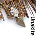 Pendentif pendule en pierre naturelle Unakite en forme de cône hexagonal avec fleur de vie - Unakite