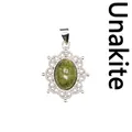 Ornate silver hollow necklace featuring an oval green natural unakite stone pendant - Unakite