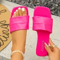 Vibrant fuchsia pink square toe flat slide sandals with stylish ruched strap detail - Rose Red