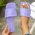 Fashionable purple flat square toe slide sandals for women with wide strap design - Light Purple