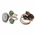 Detailed macro view of natural geode crystal and green stone on copper adjustable ring - Style 3 (Agate Geode)