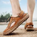 Premium brown genuine leather men's casual sandals with adjustable heel strap and soft sole - 38 / Closed Toe Hand-Stitched Style (8215) / Brown