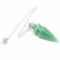 Elegant green natural stone dowsing pendulum with silver metal chain close-up view - Aventurine Jade