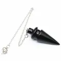 Gepolijste zwarte natuurstenen conische pendel met een zilverkleurige metalen ketting - Obsidiaan