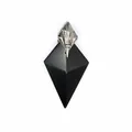 Close-up detail of a geometric black obsidian stone pendant with a silver trident-style bail - Obsidian (Poseidon Trident)