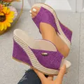 Detail view of purple linen wedge sandals with woven platform and peep-toe design. - 36 / Purple