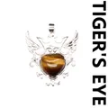 Colgante de ojo de tigre natural con diseño de corazón, corona y alas plateadas - Ojo de tigre