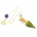 Close-up of a green resin crystal cone pendulum with amethyst bead and gold chain - Peridot