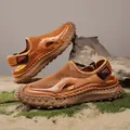 Brown men's leather and mesh casual outdoor sandals with hand-stitched anti-slip sole - 38 / Hollow Breathable Hand-Stitched Style (8217) / Brown