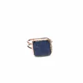 Detailed view of medieval vintage ring featuring square dark blue natural kyanite stone - Blue Goldstone