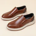Men's stylish brown leather business casual loafers featuring thick white rubber soles - 38 / Brown (1530)