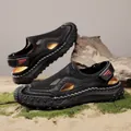 Stylish black men's breathable leather sandals with mesh design and rugged rubber sole - 38 / Closed Toe Hand-Stitched Style (8217) / Black