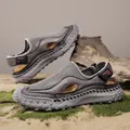 Grey men's casual leather sandals with breathable mesh upper and textured thick rubber sole - 38 / Handmade Genuine Leather Style (8217) / Gray