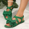 Sandales plates vertes pour femmes avec grand nœud et décoration de cheville en perles - 36 / Vert