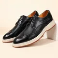 Classic black brogue leather shoes with textured panels and thick white soles - 38 / Black (1533)