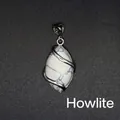 Natural white howlite gemstone pendant with intricate silver-toned wire wrap design - Marquise Hollow Wire Wrapped Pendant / Howlite