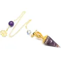 Macro detail of amethyst resin hexagonal cone pendulum with gold chain and lotus charm. - Amethyst