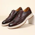 Men's brown leather brogue shoes with textured panels and cream platform sole - 38 / Brown (1533)