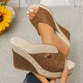 Close-up detail of stylish brown peep-toe wedge sandals with woven platform texture - 36 / Coffee