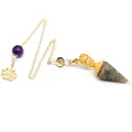 Detail view of hexagonal resin pendulum with natural crystal stones and lotus charm - Labradorite