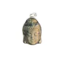 Macro view of hand-carved labradorite Buddha head pendant with blue sheen - 32x20x9mm