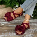 Weinrote flache Sandalen mit Schleife und offenem Zehenbereich für den Sommer - Burgunderrot