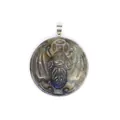 Exquisite hand-carved natural labradorite stone pendant featuring blue flash in silver bezel - 38x34x10mm