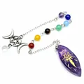 Natural amethyst stone pendulum with golden sun rune and chakra beads on silver chain - Amethyst