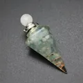 Detail view of a resin hexagonal cone pendant with tourmaline stones and copper coil - Hexagonal Cone (Silver Tone) / Aquamarine-Silver Tone