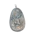 Close-up of natural labradorite pendant with intricately carved deer and floral details. - 51x31x9mm