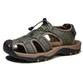 Durable outdoor men's leather closed-toe sandals featuring a drawstring toggle in olive green - 38 / Army Green Style (7239) / Army Green