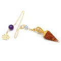 Hexagonal cone pendulum pendant with natural crystal crushed stone and lotus charm. - Red Agate